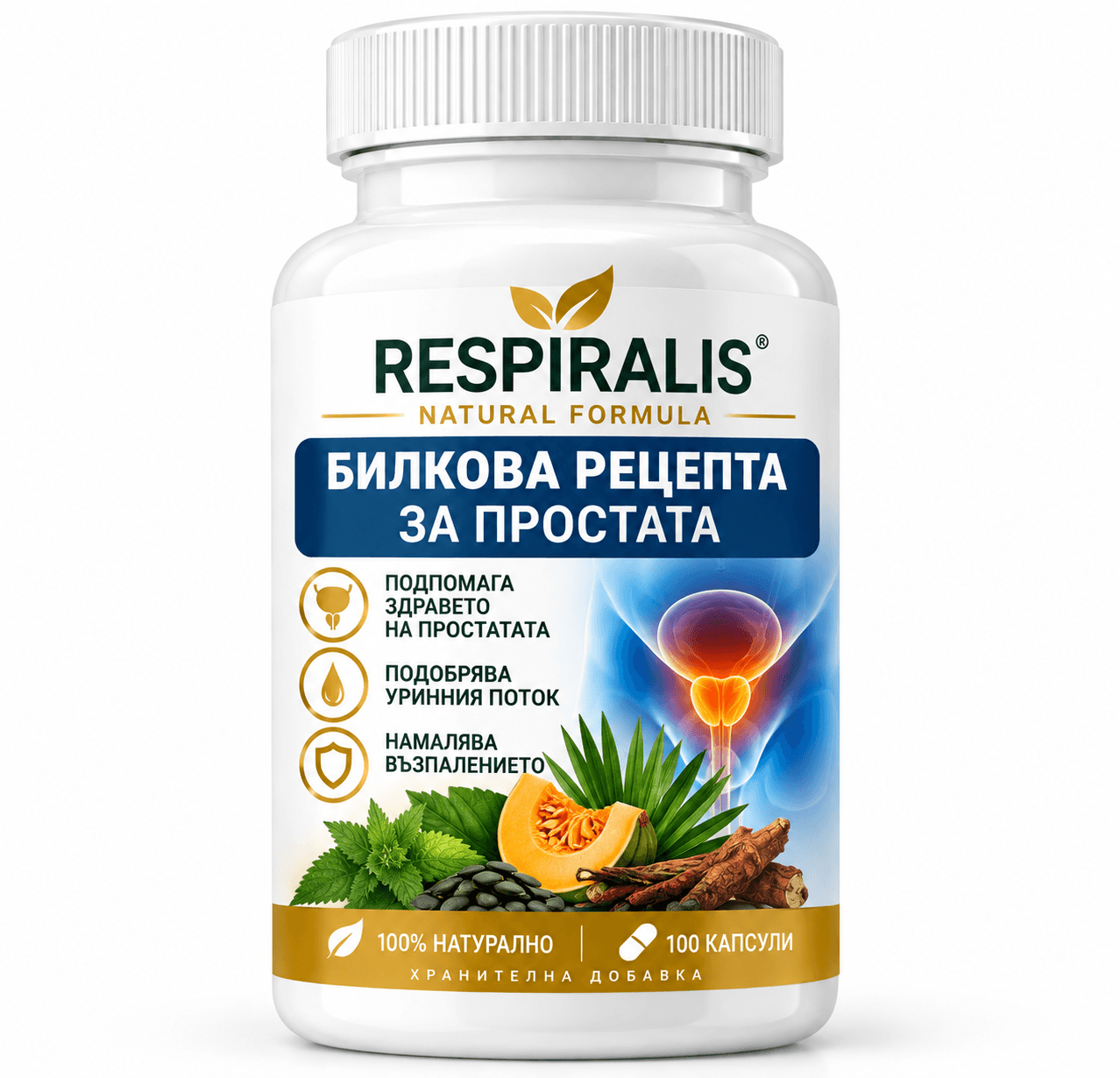 RESPIRALIS® – Билкови Капсули за Простата | Сао Палмето + Коприва + Тиквено Семе | 100 Капс. | България